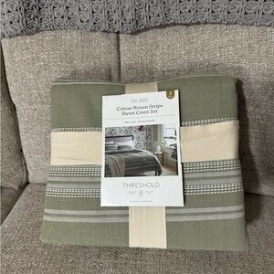 New Threshold Cotton Woven Stripe Duvet Cover Set - Green and Cream
